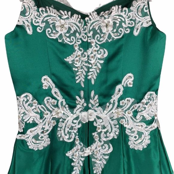 VTG Green Short High Lo Asymmetrical Embroidered Retro Formal Dress Gown - Picture 5 of 11